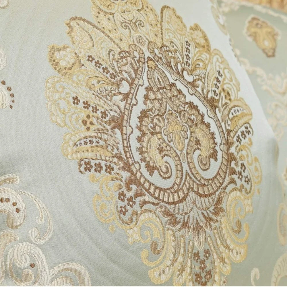 Luxury Home | Elegant Aqua & Gold Jaquard Embroidered Fringe Throw Pillow Cover